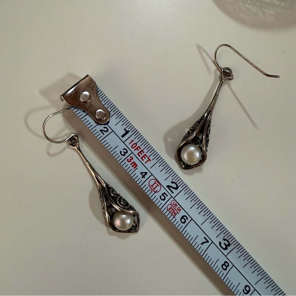 Noa Zuman Israel Sterling silver Filagree Cala Lilly real pearl drop earrings - Picture 14 of 17